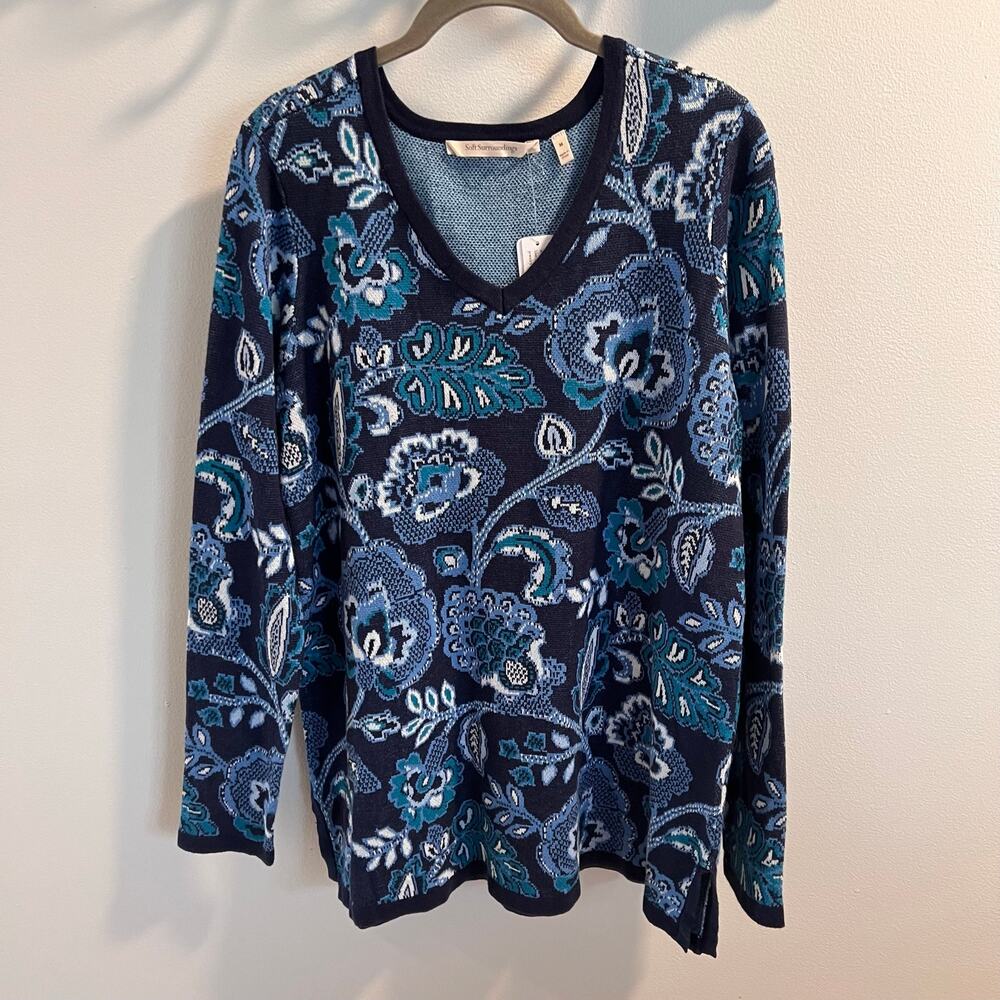 NWT Soft Surroundings Blue Patterned Pullover Sweater Size M